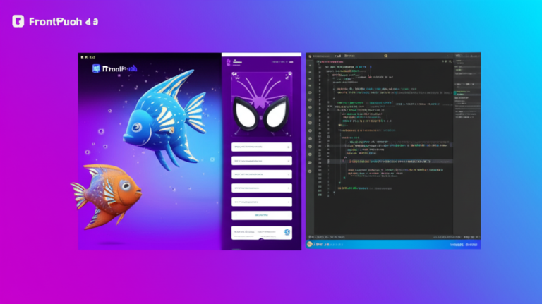 Visão geral do curso FrontPush 4.0 mostrando Figma, código React.js, animações GSAP e modelo 3D em Spline.