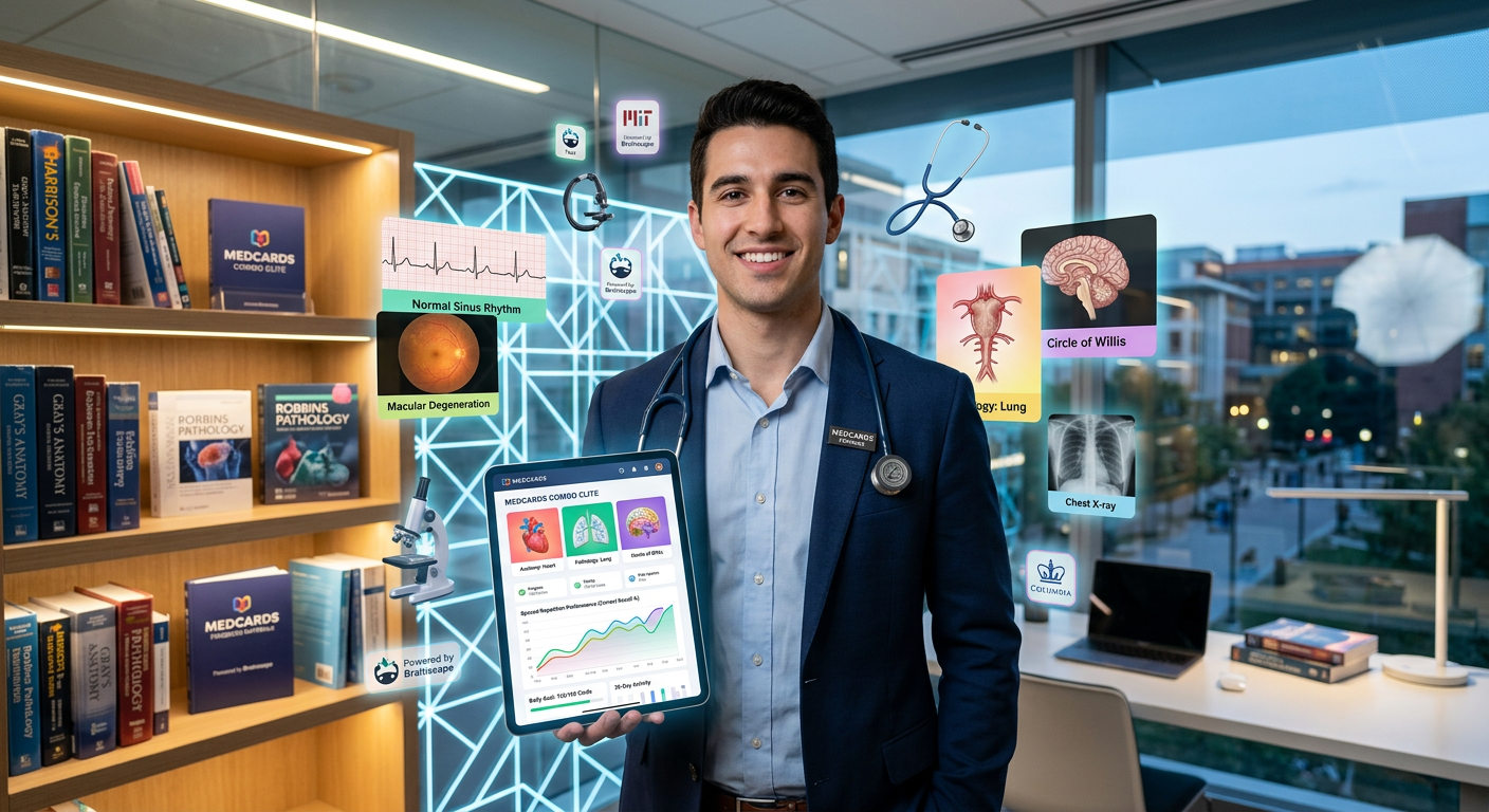 Fundador da Medcards segurando tablet com a plataforma Medcards Combo Elite, rodeado por flashcards médicos e ícones de universidades de referência.