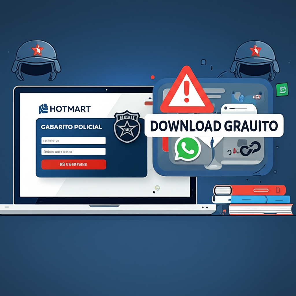 Comparação visual entre o login oficial do Gabarito Policial na Hotmart e a armadilha de download gratuito.