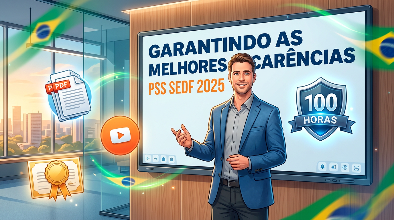 Ilustração promocional do curso online "Garantindo as melhores carências - PSS SEDF 2025" com professor, certificado de 100 horas e materiais de estudo.
