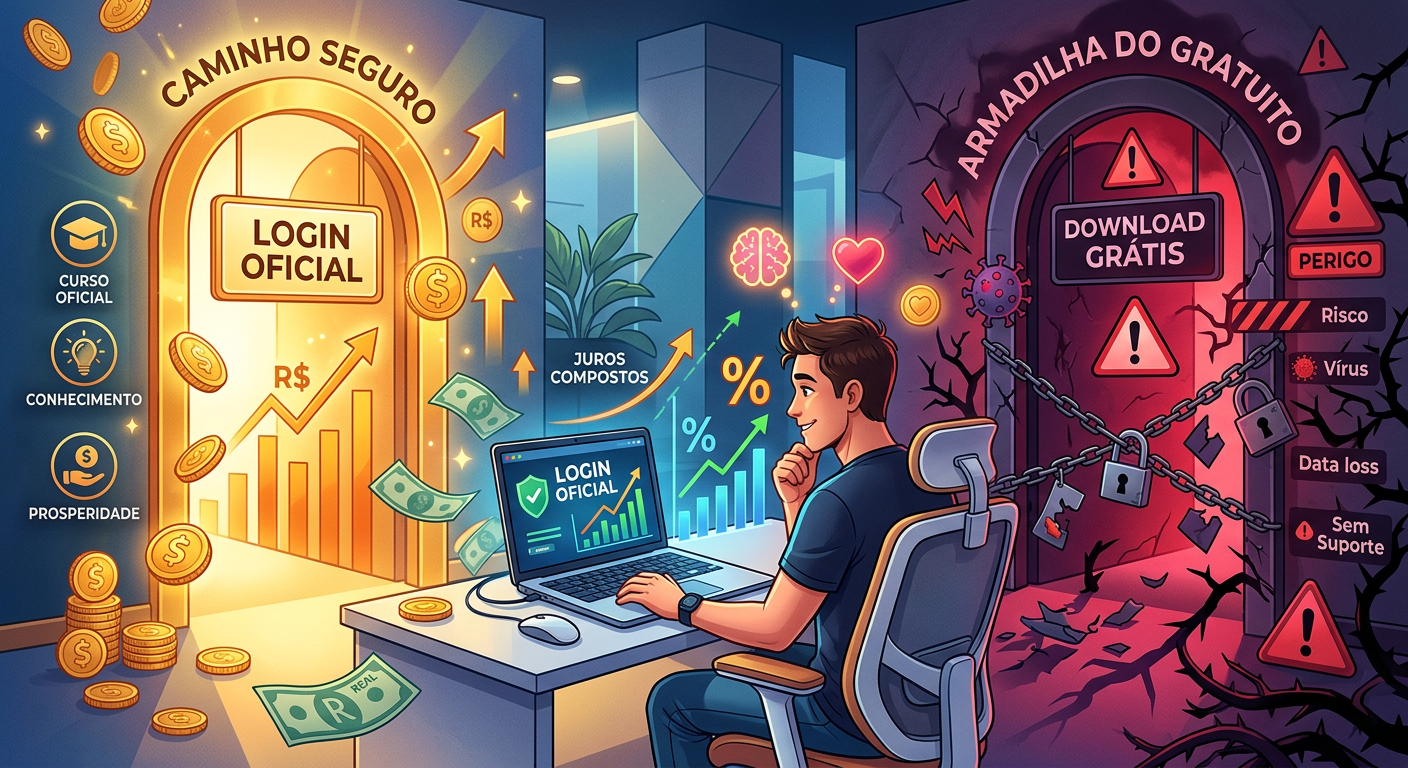 Pessoa diante de um laptop escolhendo entre a porta do Login Oficial e a porta do Download Grátis, simbolizando a decisão entre o curso oficial e a armadilha de download gratuito.