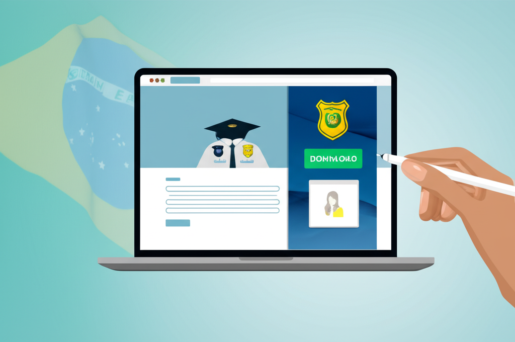 Tela de laptop mostrando curso EAD de Gestão de Segurança do Instituto Óliver com ícones de graduação, escudo e distintivo policial, e botão de download gratuito.