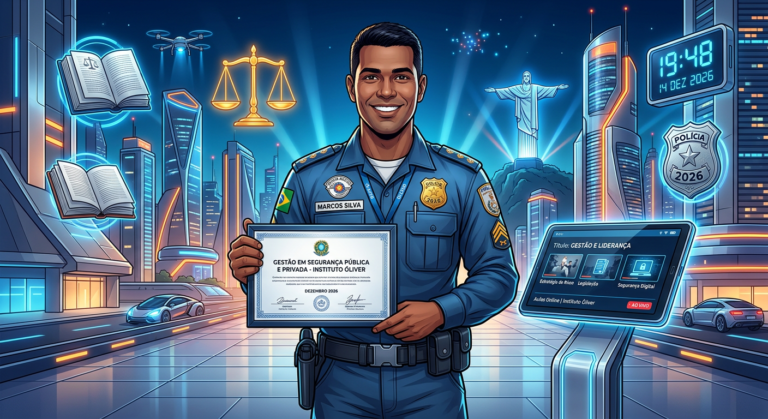 Ilustração de policial brasileiro segurando diploma do curso Gestão em Segurança Pública e Privada – Instituto Óliver, com tablet, símbolos de justiça e skyline futurista de 2026.
