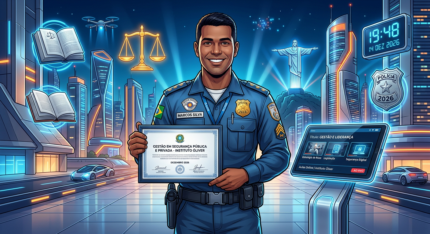 Ilustração de policial brasileiro segurando diploma do curso Gestão em Segurança Pública e Privada – Instituto Óliver, com tablet, símbolos de justiça e skyline futurista de 2026.