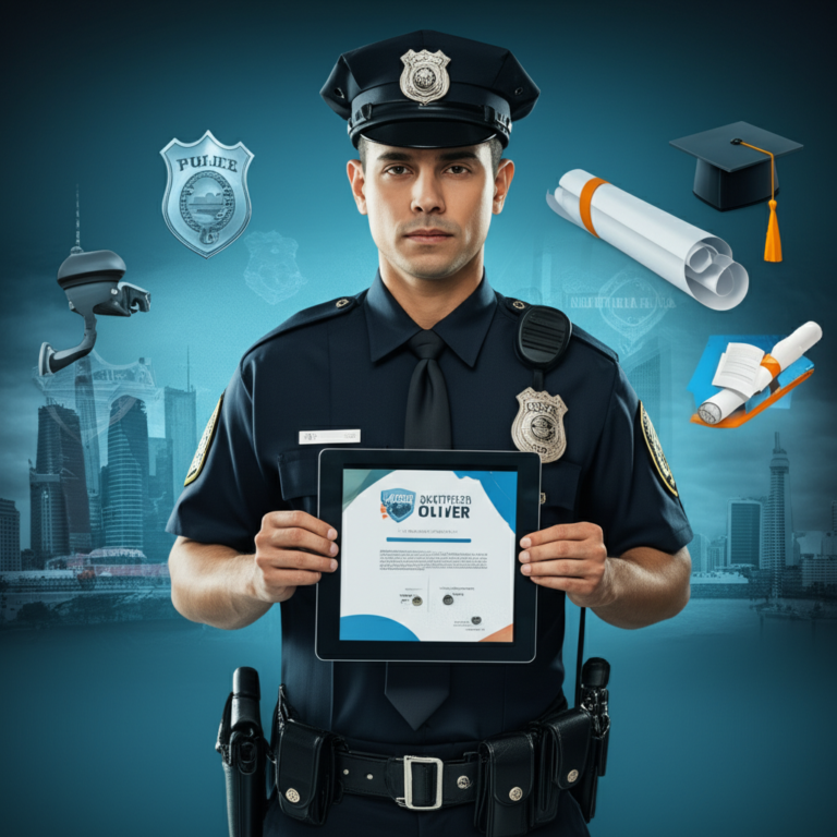 Policial em uniforme segurando tablet com logo do Instituto Óliver e certificado digital, ao fundo skyline da cidade e símbolos acadêmicos de segurança pública.