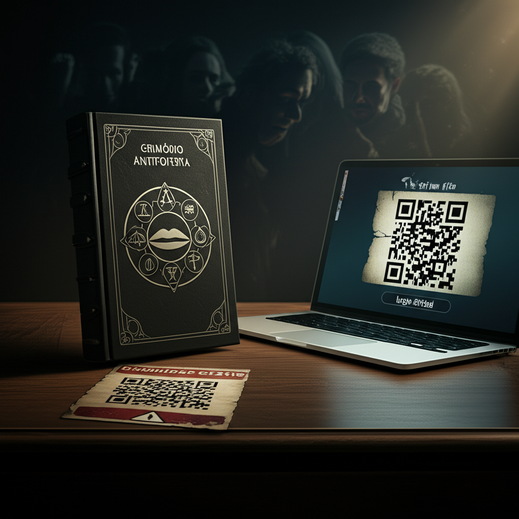 Capa do Grimório Antifofista ao lado de um botão de login oficial e um QR code de download gratuito, simbolizando a escolha entre segurança e armadilha.