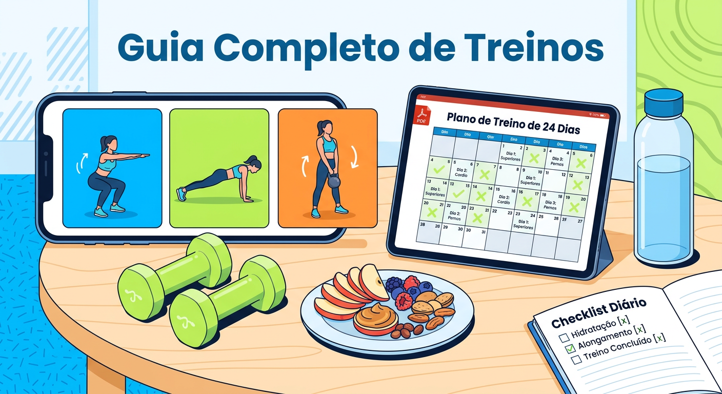 Ilustração digital do Guia Completo de Treinos mostrando smartphone com GIFs de exercícios, tablet com plano de 24 dias, halteres, água, lanches fit e checklist diário.