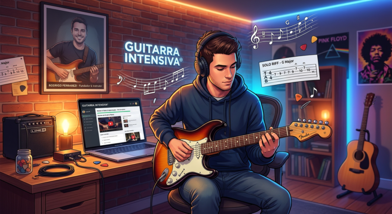 Estudante de guitarra praticando com o método Guitarra Intensiva de Rodrigo Ferrarezi, ao lado de laptop, partituras e logo do curso.