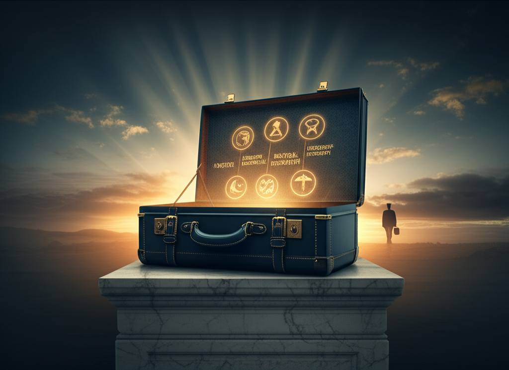 Ilustração de uma mala de couro vintage aberta, exibindo símbolos luminosos de honra, disciplina, coragem e outros valores masculinos, com um homem moderno ao fundo e luz do amanhecer ao redor.