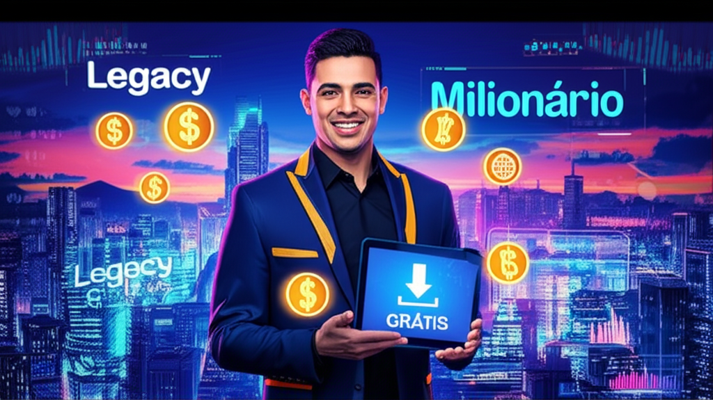 Ilustração de Tio San, influencer milionário, segurando um tablet com ícone de download grátis, cercado por símbolos de dólares, globo e criptomoedas, com skyline futurista ao fundo.