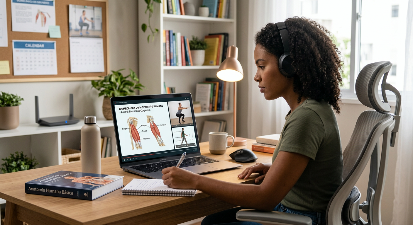 Estudante de Educação Física EAD em seu ambiente de estudo, usando laptop e mostrando infraestrutura adequada para cursos online.