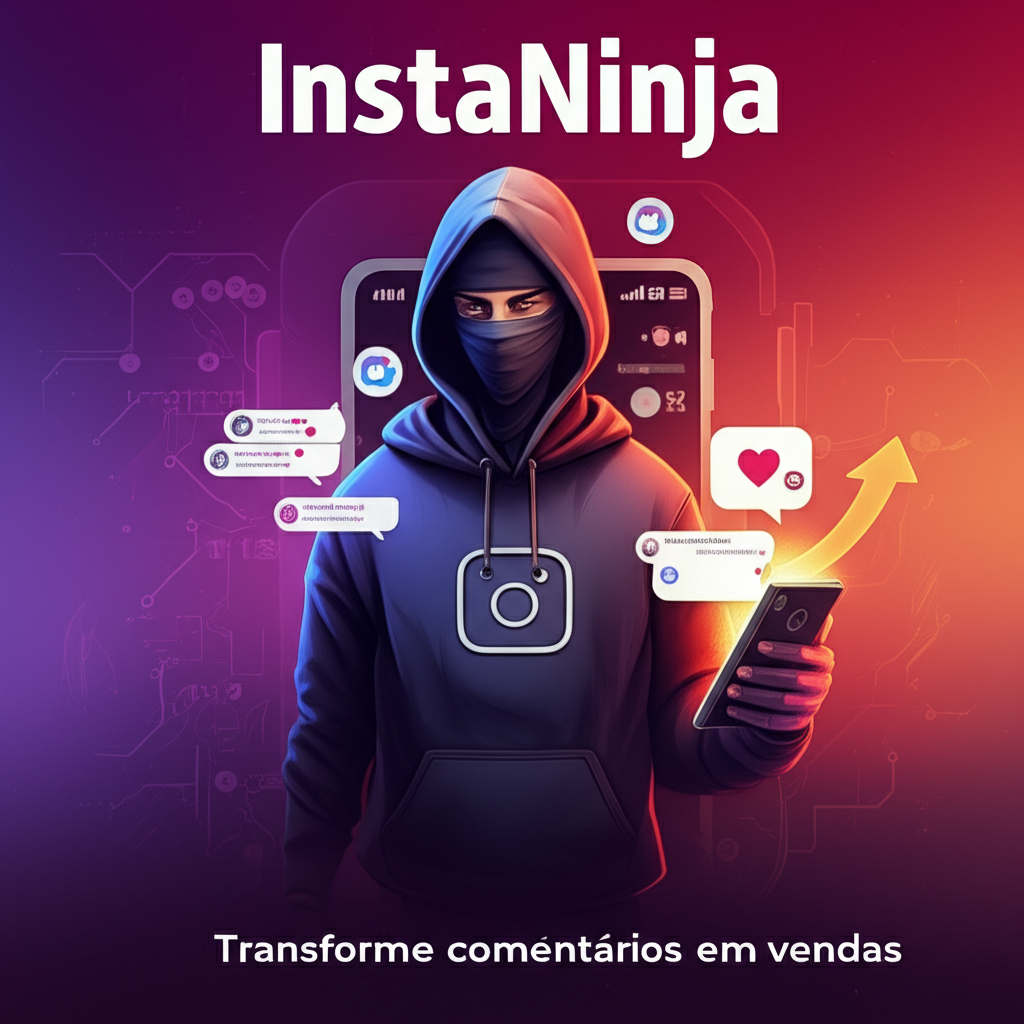 Ninja estilizado com logo do Instagram segurando um celular que mostra mensagens automáticas, rodeado por ícones de comentários, curtidas e gráfico de crescimento, representando a automação de vendas do InstaNinja.