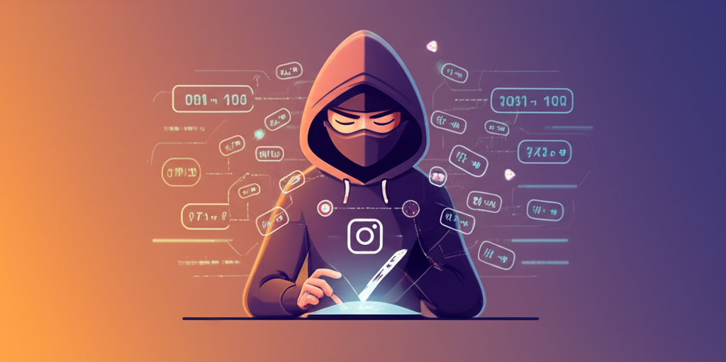 Ninja digital segurando um smartphone com ícones de seguidores, mensagens diretas e o logo do Instagram, representando automação de comentários e DMs.