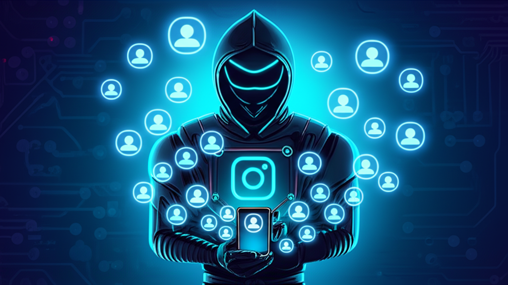 Ninja digital segurando um smartphone com Instagram aberto, cercado por ícones de seguidores que simbolizam a automação de seguidores da ferramenta InstaNinja.