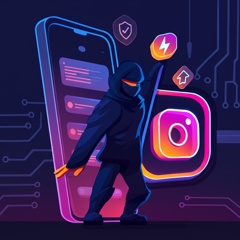 Ninja segurando um logo do Instagram como katana, simbolizando automação segura de mensagens diretas no Instagram.