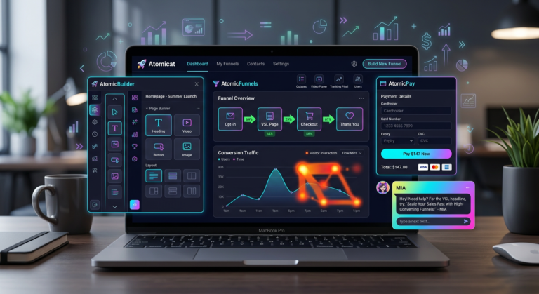 Visão da interface da plataforma Atomicat com construtor drag‑and‑drop, funil visual, checkout integrado, assistente de IA MIA e analytics em tempo real.