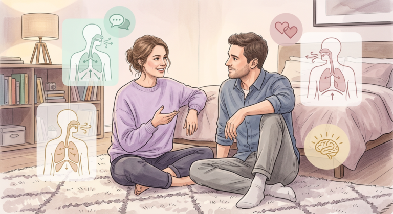 Ilustração educativa de um casal íntimo conversando sobre técnicas de sexo oral, com diagramas anatômicos e ícones de psicologia ao redor.