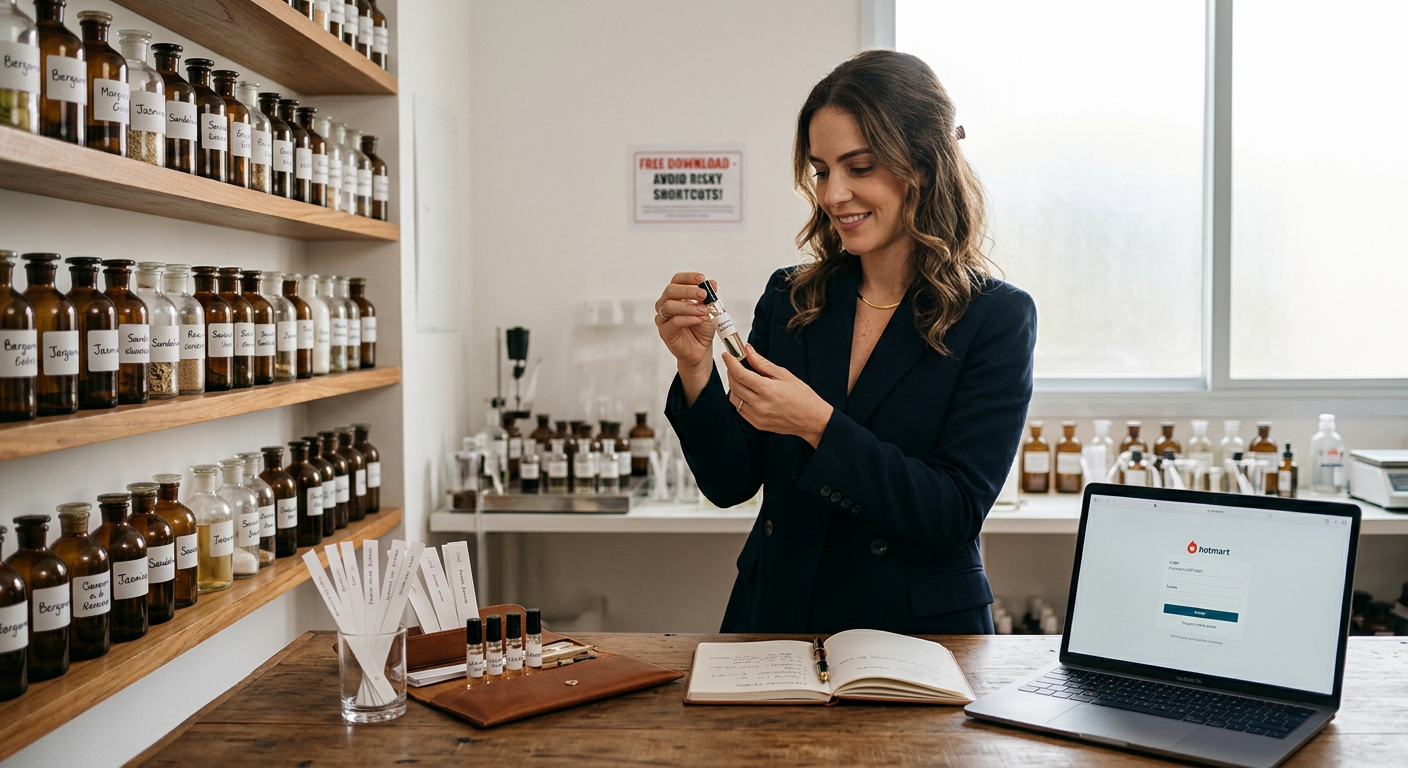 Isadora Maria Spinhardi Padula in a perfume lab with isolated raw material bottles, an olfactory kit, and a laptop showing the Hotmart login page, highlighting the official course access versus a free‑download trap.