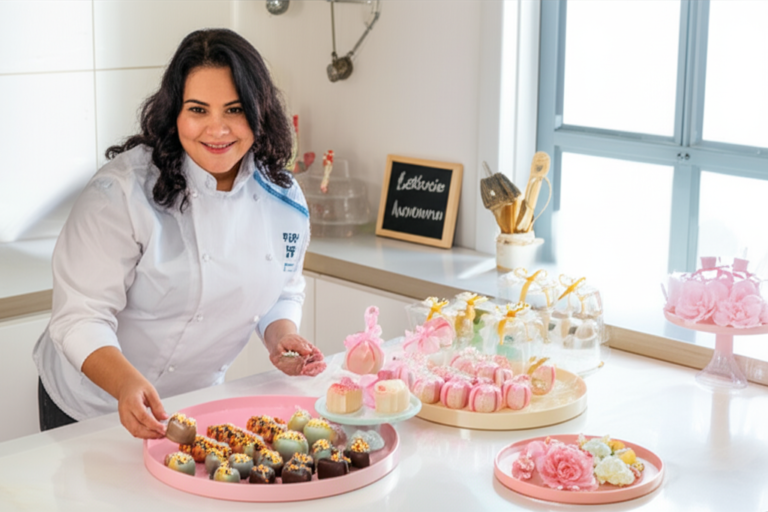 Ísis Alvarez presenting elegant gourmet sweets on pastel trays in a modern kitchen, highlighting intricate decorations and luxurious packaging.
