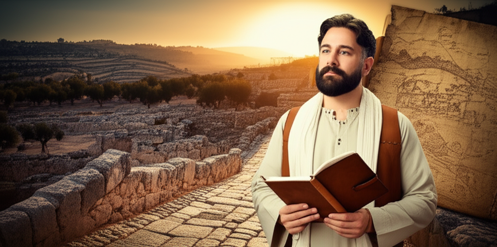 Instrutor do curso Jesus à Luz da História gravando aula nas ruínas históricas de Nazaré ao amanhecer.