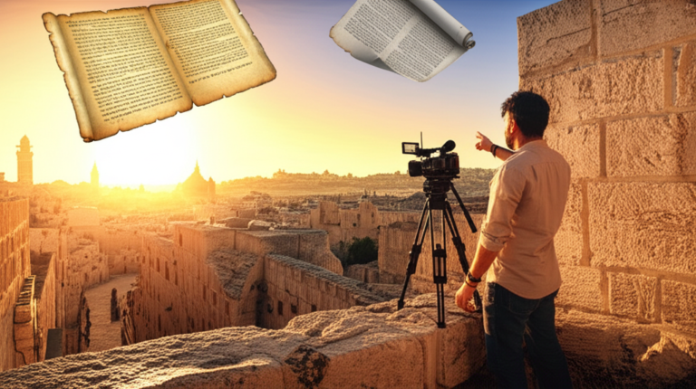 Amanhecer sobre as ruas de pedra de Jerusalém com câmera de gravação e historiador, representando as aulas do curso "Jesus à Luz da História" filmadas nos locais históricos da vida de Jesus.