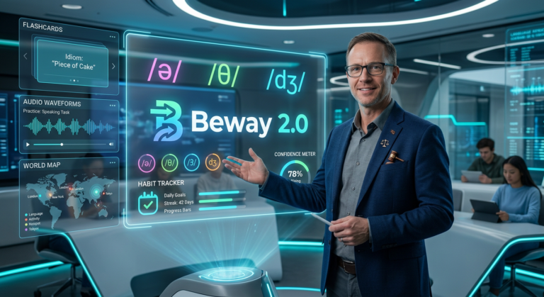 Professor Jonas apresentando o curso Beway 2.0 em um ambiente digital futurista com hologramas de aprendizado de inglês.