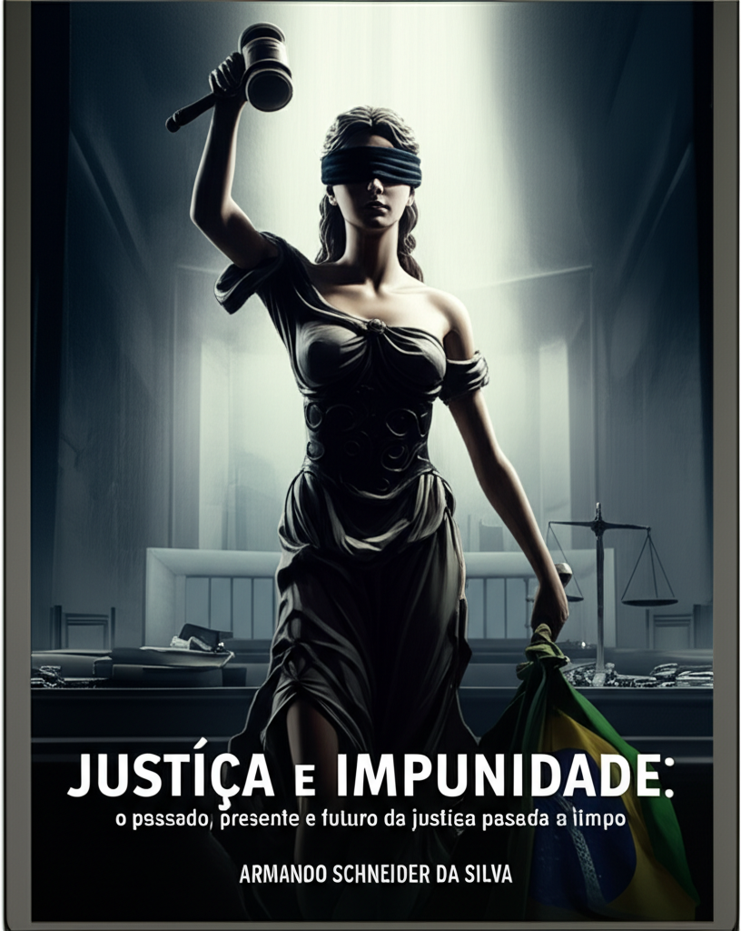 Cover illustration of Lady Justice with a cracked gavel and torn Brazilian flag, symbolizing criticism of the Brazilian judiciary, for the ebook “Justiça e Impunidade”.