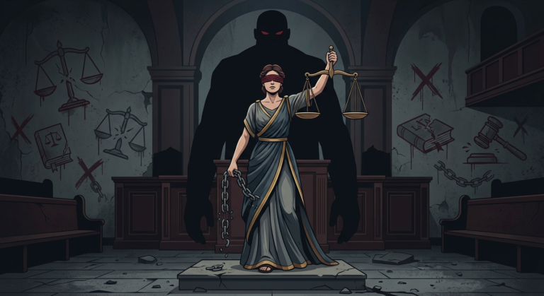 Ilustração de Lady Justice com venda, balança e corrente quebrada ao lado de uma sombra que simboliza a impunidade, representando o tema do curso.