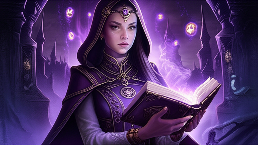 Ilustração de Kimasha Kotuno segurando seu diário misterioso, rodeada por símbolos ocultos e energia mágica.