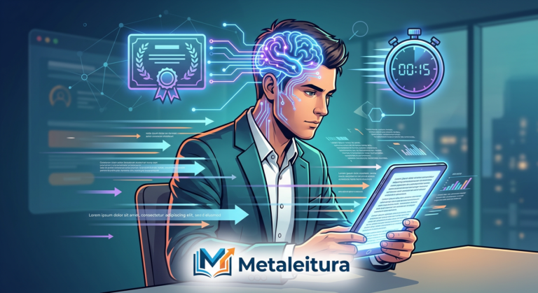 Ilustração de pessoa lendo rapidamente em tablet com efeitos de neurônios e ícones de certificado e cronômetro, representando o curso Metaleitura.