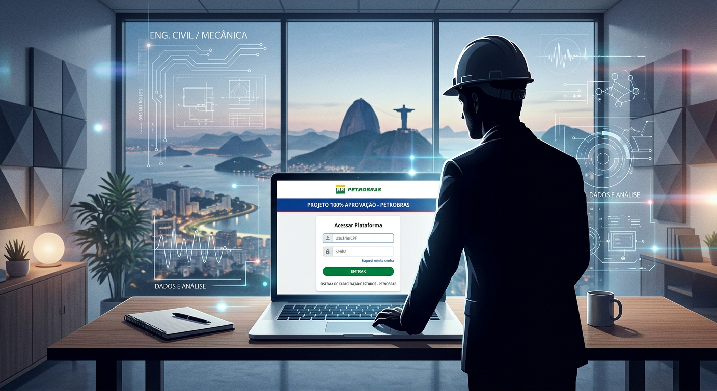 Tela de login da plataforma Projeto 100% Aprovação Petrobras exibida em laptop, com elementos de engenharia elétrica e eletrônica ao fundo.