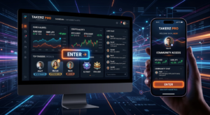 Tela de login da comunidade TakerZ PRO com ícones de alertas em tempo real, ranking gamificado e suporte diário para traders.