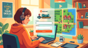 Ilustração de login na plataforma Start Gamedev da Hotmart, mostrando um desenvolvedor iniciante e um mapa RPG 2D ao fundo.
