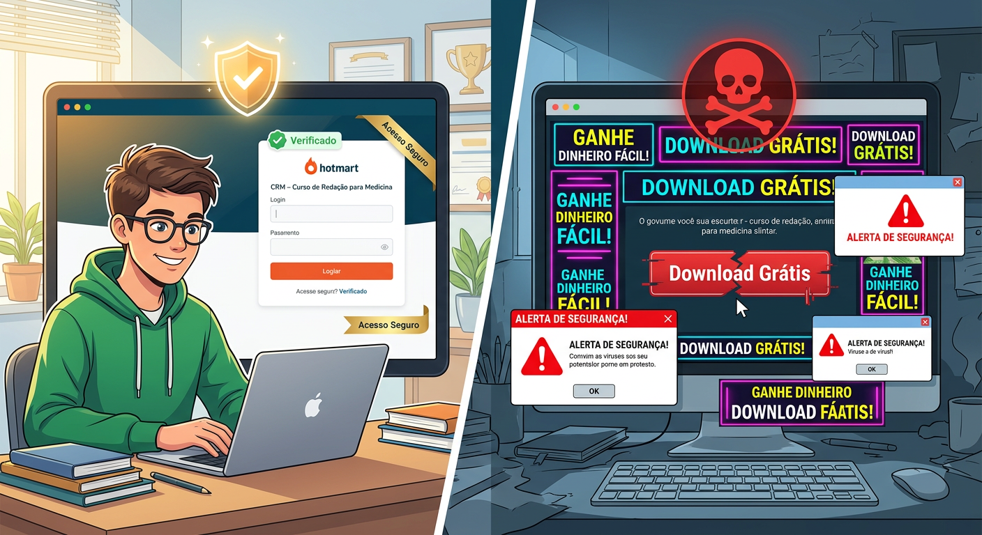 Comparação visual entre o login oficial do CRM – Curso de Redação para Medicina e uma página de download gratuito suspeita, mostrando segurança versus risco.