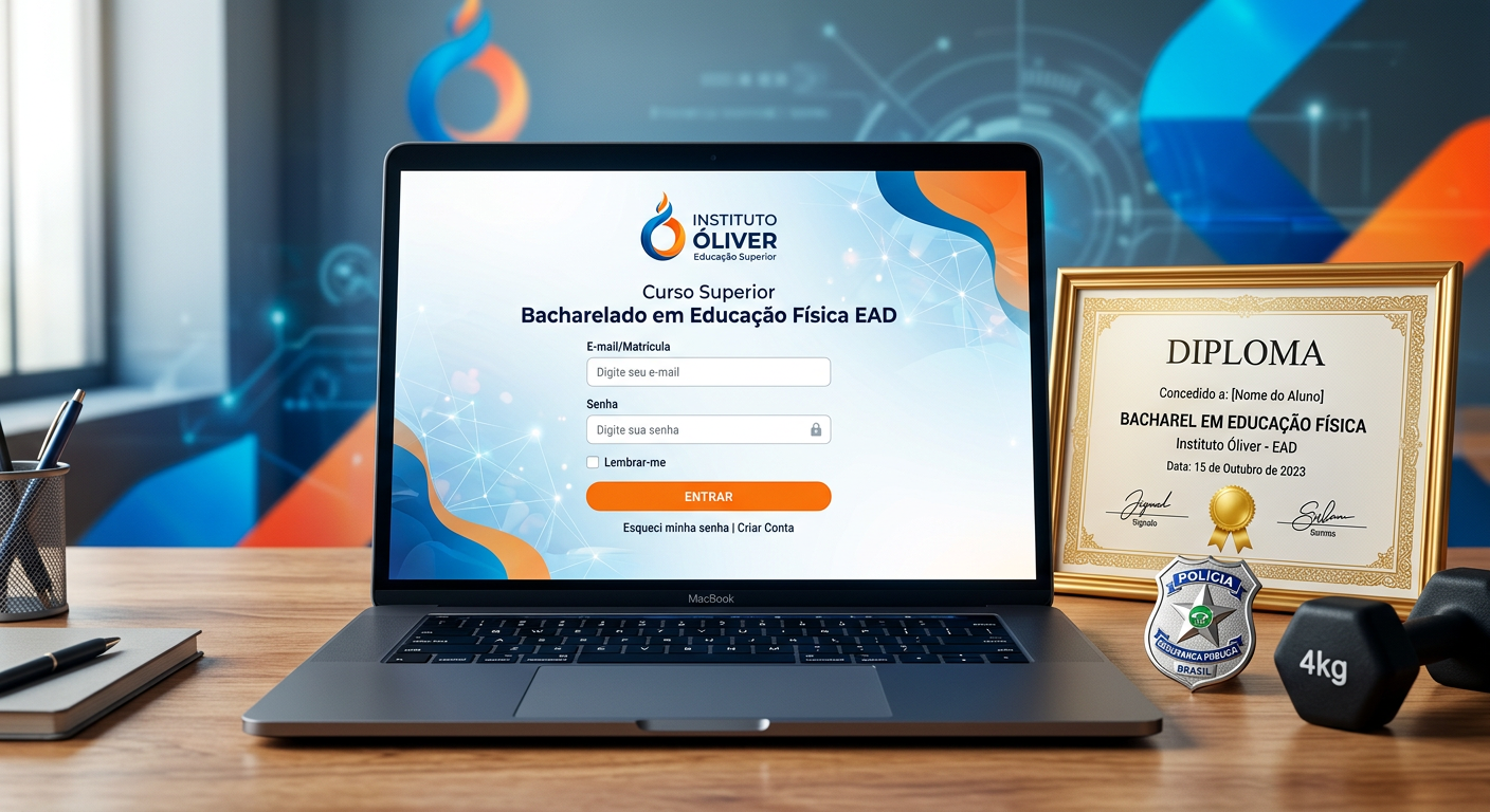 Ilustração de laptop com login oficial do Curso de Bacharelado em Educação Física EAD do Instituto Óliver, mostrando diploma, distintivo policial e halteres.