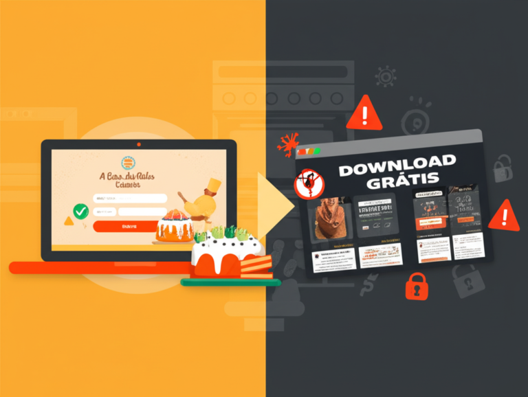 Comparação visual entre o login oficial da Casa dos Bolos Caseiros (esquerda) e a armadilha de download grátis (direita), com ícones de segurança, bolo caseiro e sinais de alerta.