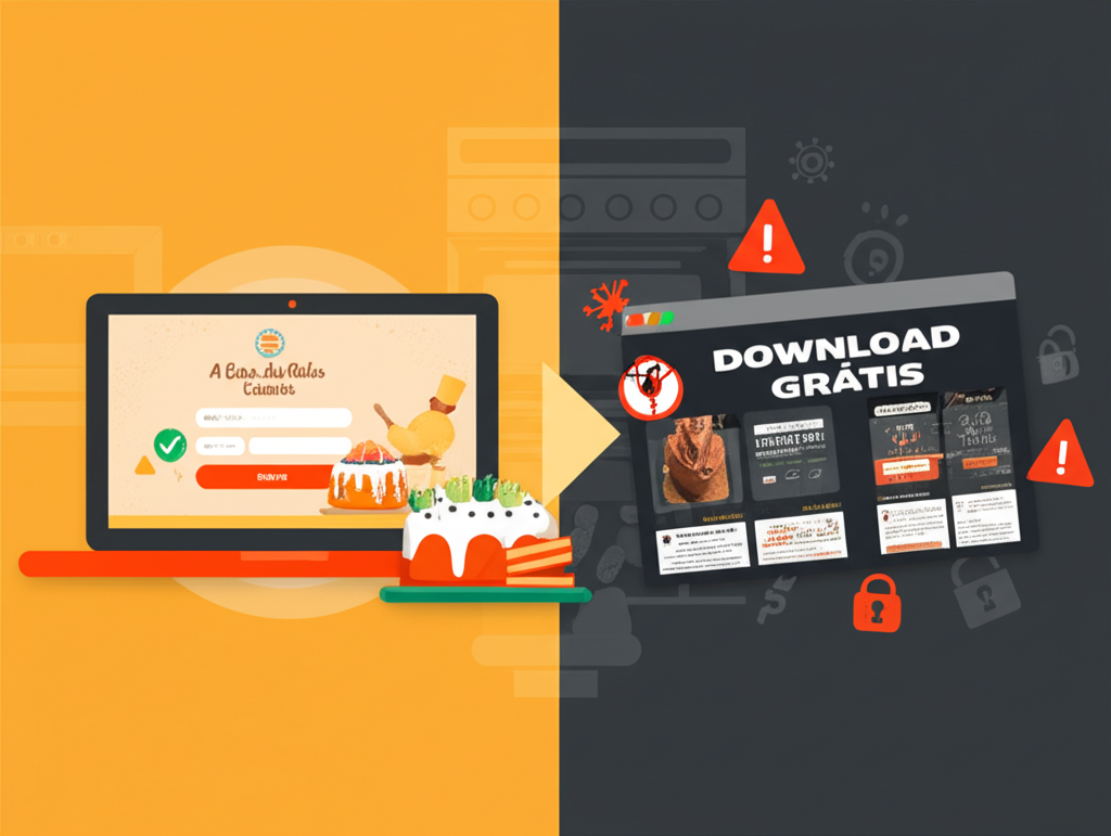 Comparação visual entre o login oficial da Casa dos Bolos Caseiros (esquerda) e a armadilha de download grátis (direita), com ícones de segurança, bolo caseiro e sinais de alerta.