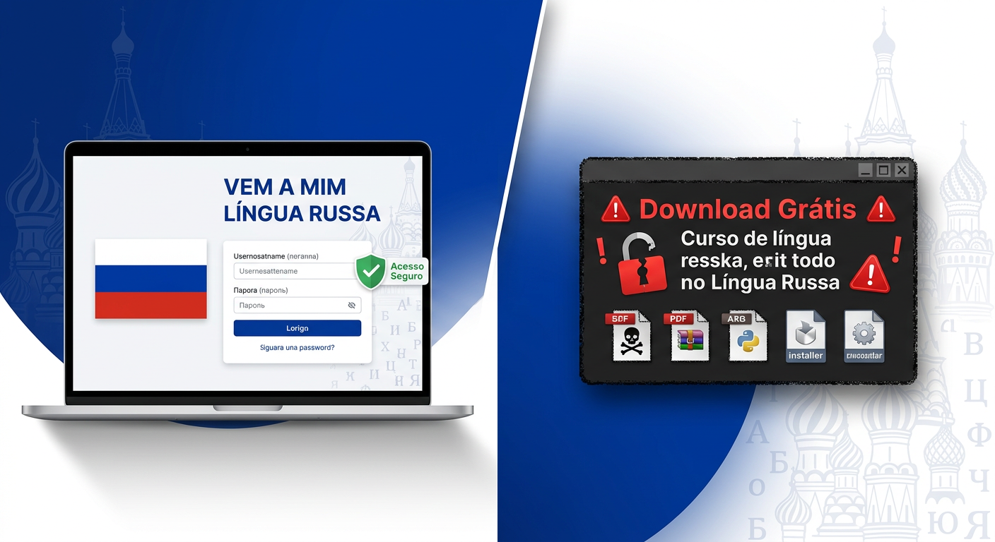 Ilustração dividida mostrando à esquerda o login oficial do curso Vem a Mim Língua Russa com selo de segurança, e à direita um pop‑up suspeito de download grátis com ícones de alerta.