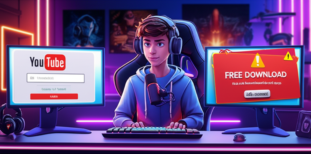 Gamer streamer comparando o login oficial do YouTube com a armadilha de download grátis em sua mesa de jogos.