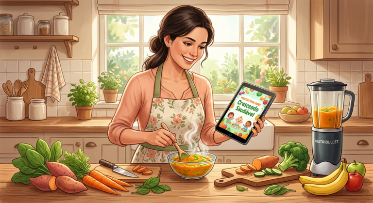 Mãe preparando papinha nutritiva para bebê com ingredientes frescos, ao lado do ebook 'Receitas Para Bebês Crescendo Saudável' aberto em um tablet.