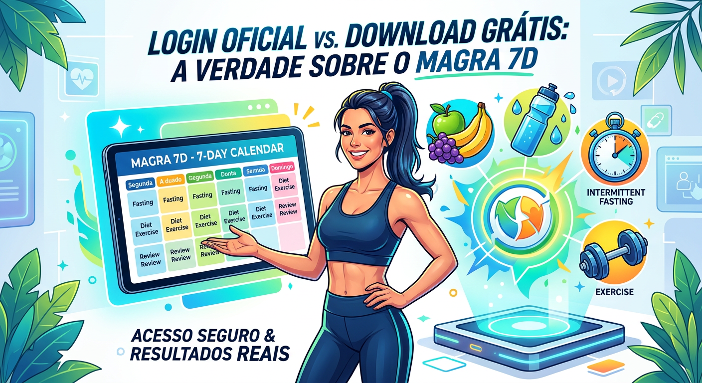 Mariana Ferri d'Avila apresentando o programa Magra 7D em um tablet, com ícones de alimentação saudável, jejum e exercício.