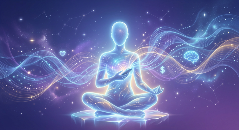 Silhueta humana em relaxamento recebendo ondas de biorressonância quântica que simbolizam cura financeira, emocional e relacional.