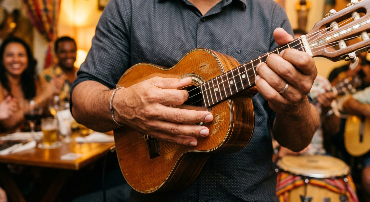 Mãos de músico experiente tocando cavaquinho, com foco na palhetada rítmica da mão direita, representando o curso de Léo Soares.