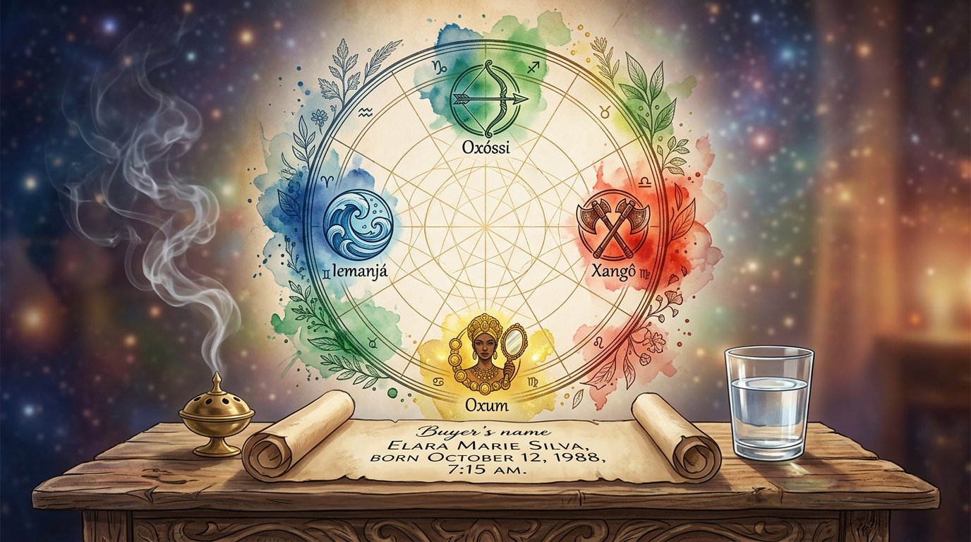 Mapa astrológico personalizado dos Orixás com símbolos de cada divindade, cores espirituais e elementos de altar de Umbanda.