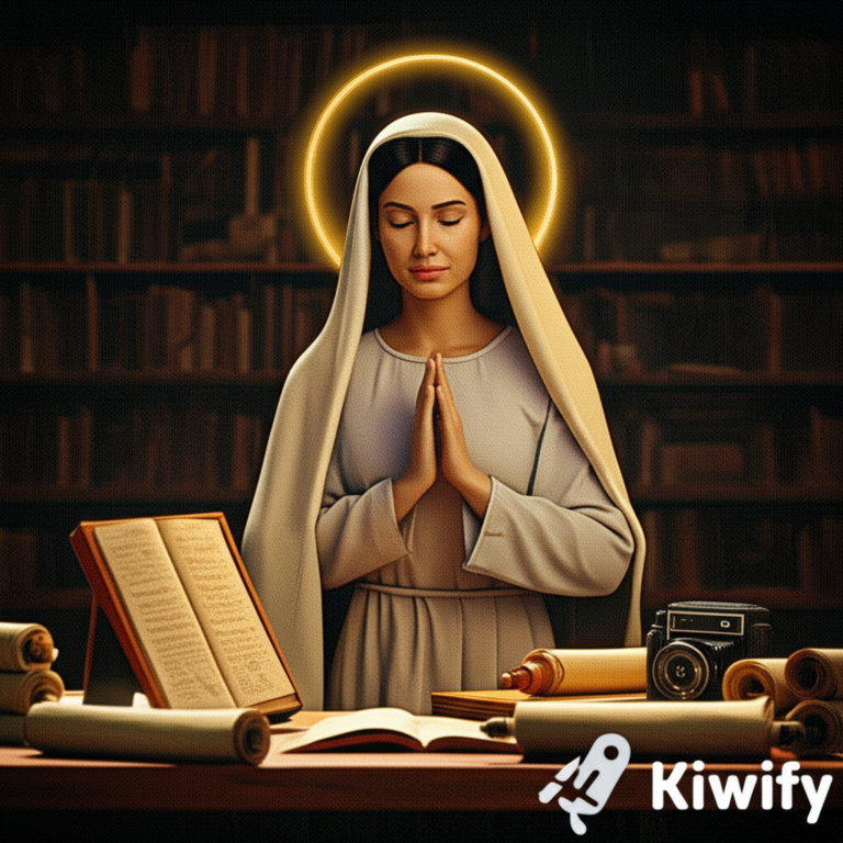 Ilustração cinematográfica de Maria, mãe de Jesus, em biblioteca histórica com documentos antigos e aura dourada.