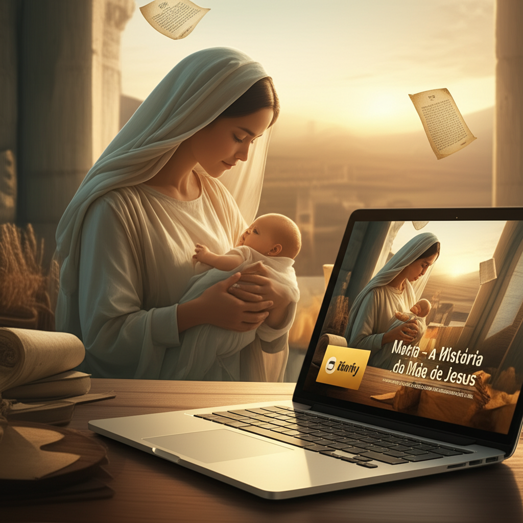 Ilustração cinematográfica de Maria segurando o menino Jesus ao nascer, ambientada em Nazaré antiga, com elementos de documentos históricos e referência ao curso online na plataforma Kiwify.