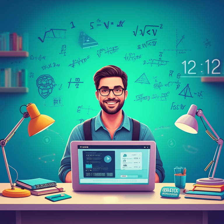 Ilustração de Sandro Curió ensinando matemática com laptop, símbolos matemáticos e selo "Grátis - Download"