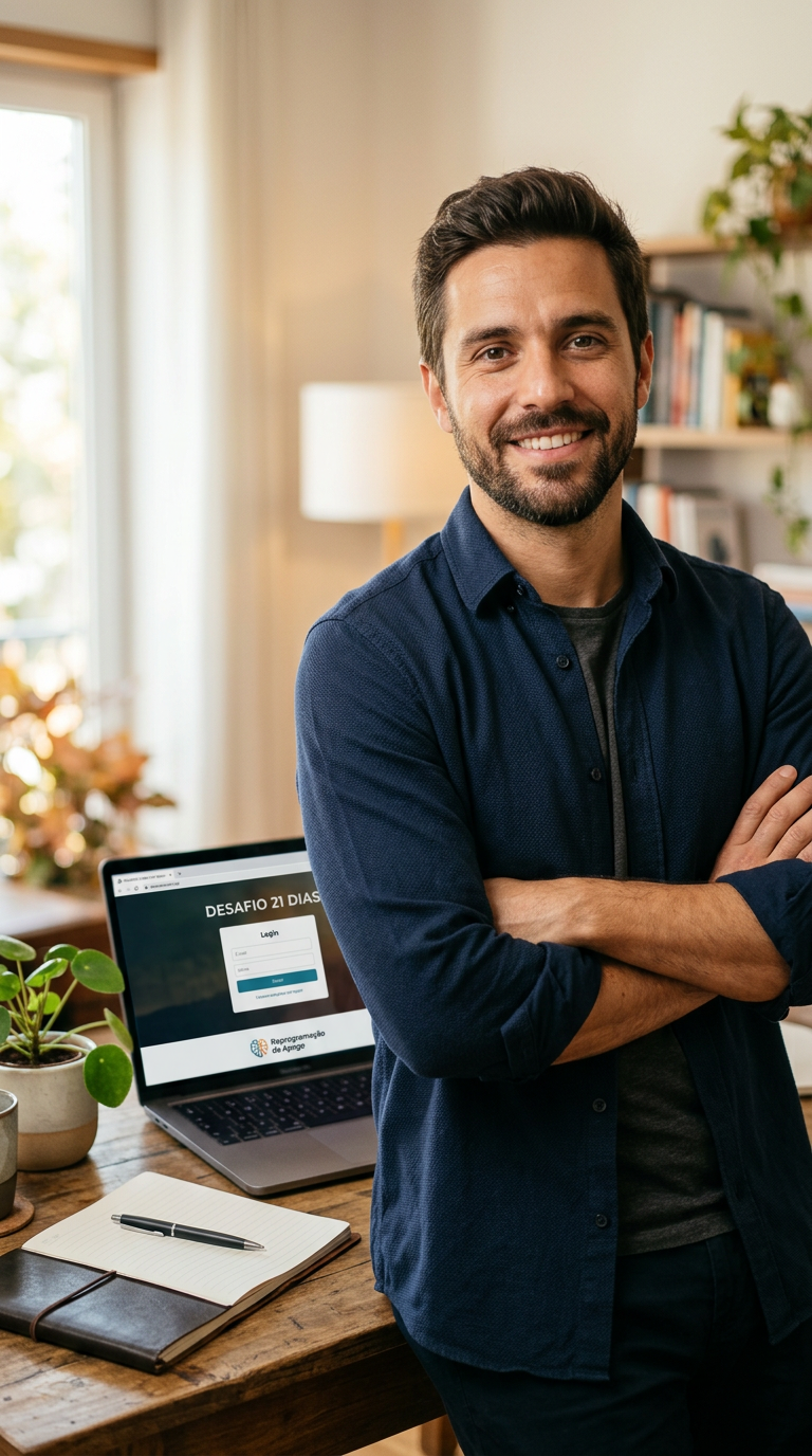 Psychologist Mateus José presenting the login screen of the 21‑day Attachment Reprogramming challenge on a laptop.