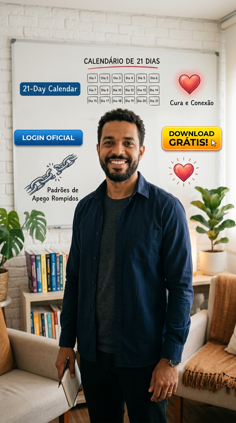 Psicólogo Mateus José em consultório moderno, ao lado de calendário de 21 dias, corrente quebrada e ícones de login oficial e download grátis.