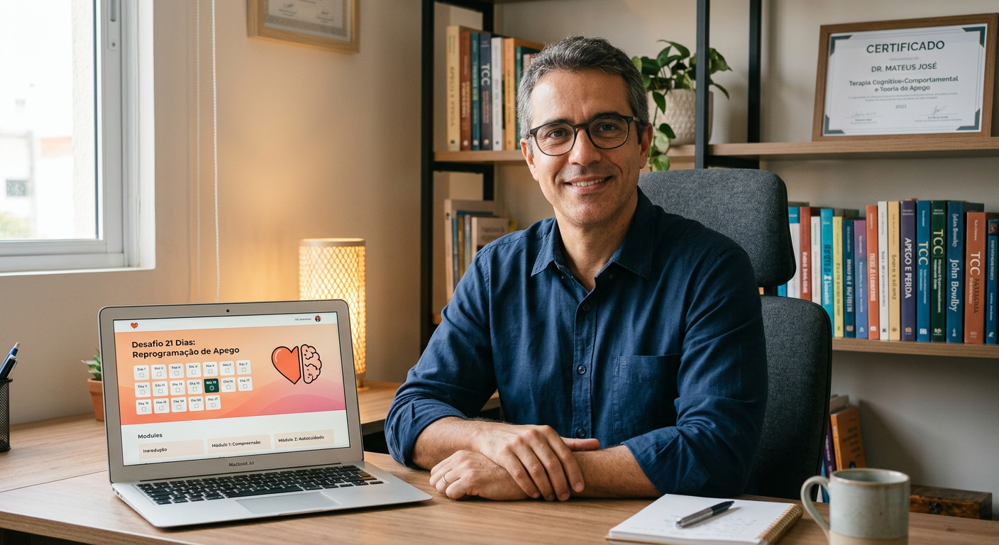 Dr. Mateus José presenting the Desafio 21 Dias: Reprogramação de Apego course, with a laptop showing the program logo and visual cues of a 21‑day calendar, hearts and brain icons.